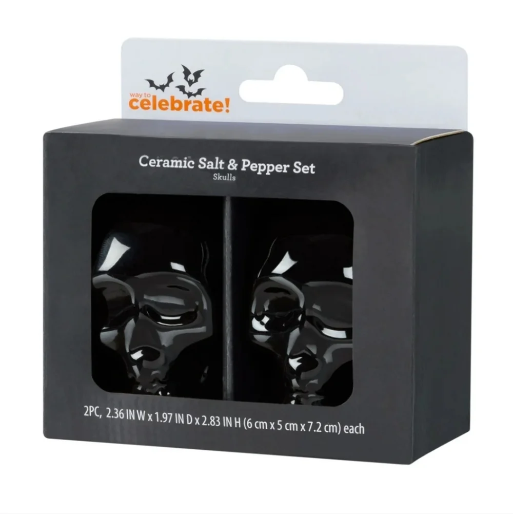 Black Skull-Shaped Glazed Ceramic Salt & Pepper Shaker Set